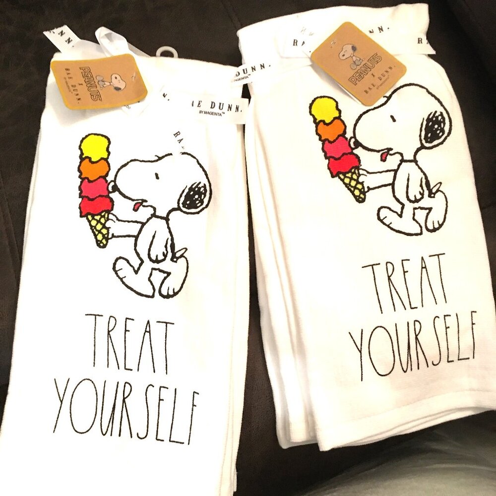 Rae Dunn Snoopy Towels For Kitchen = Ice Cream White Towels Set of Two